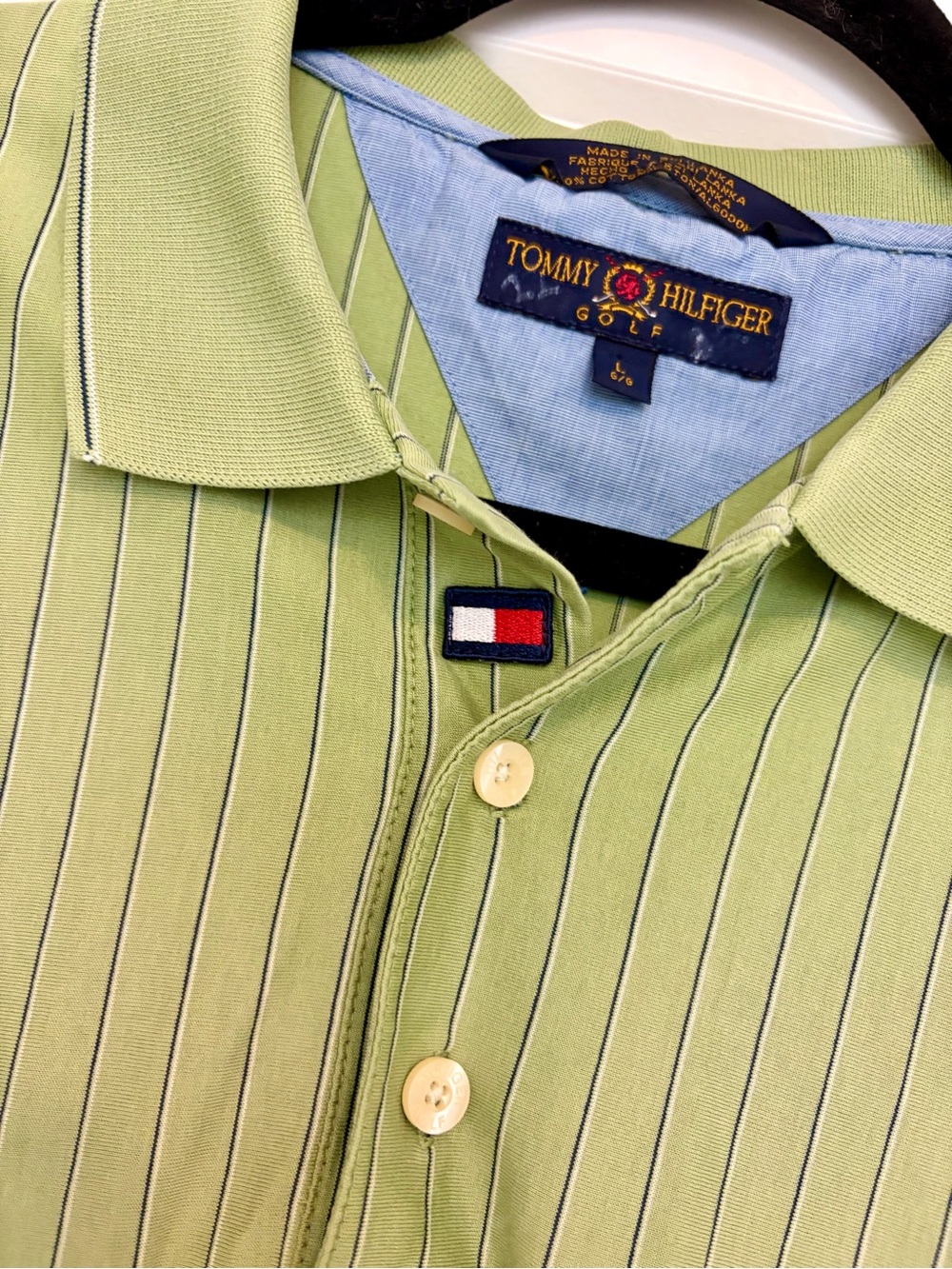 Tommy Hilfiger Vintage Green Golf Pinstripe Polo Shirt Late 90s early Y2K L